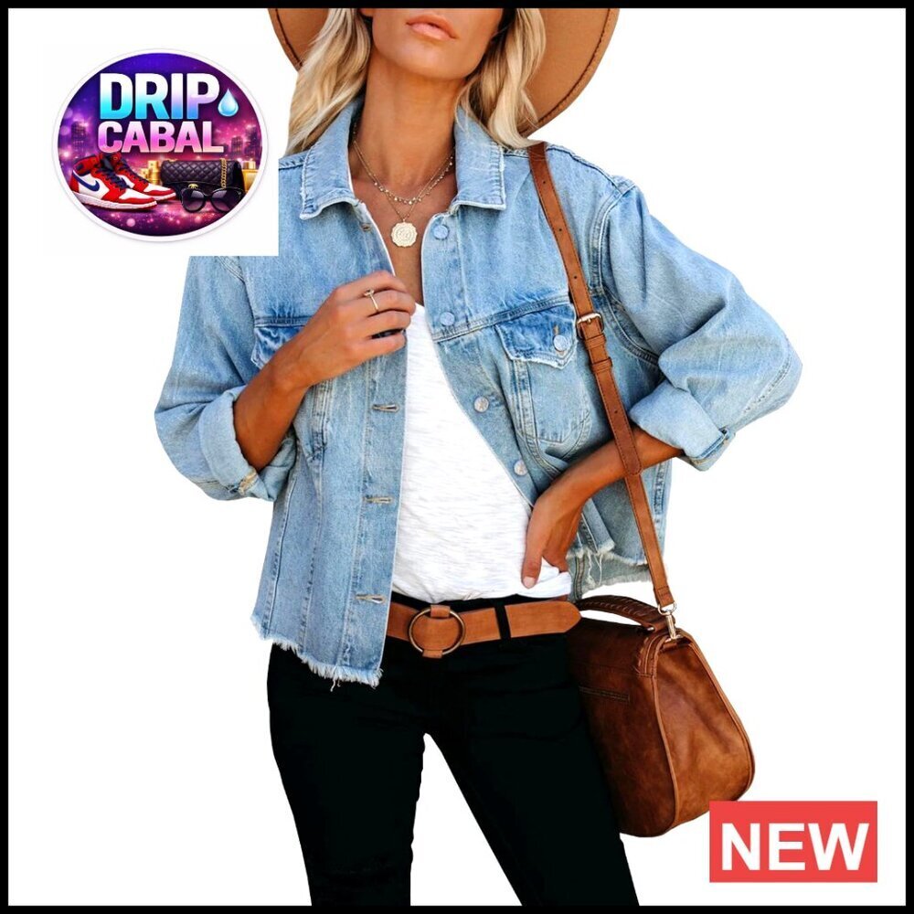 Cropped Denim Jacket Frayed Hem Button Up Pockets Women's Casual